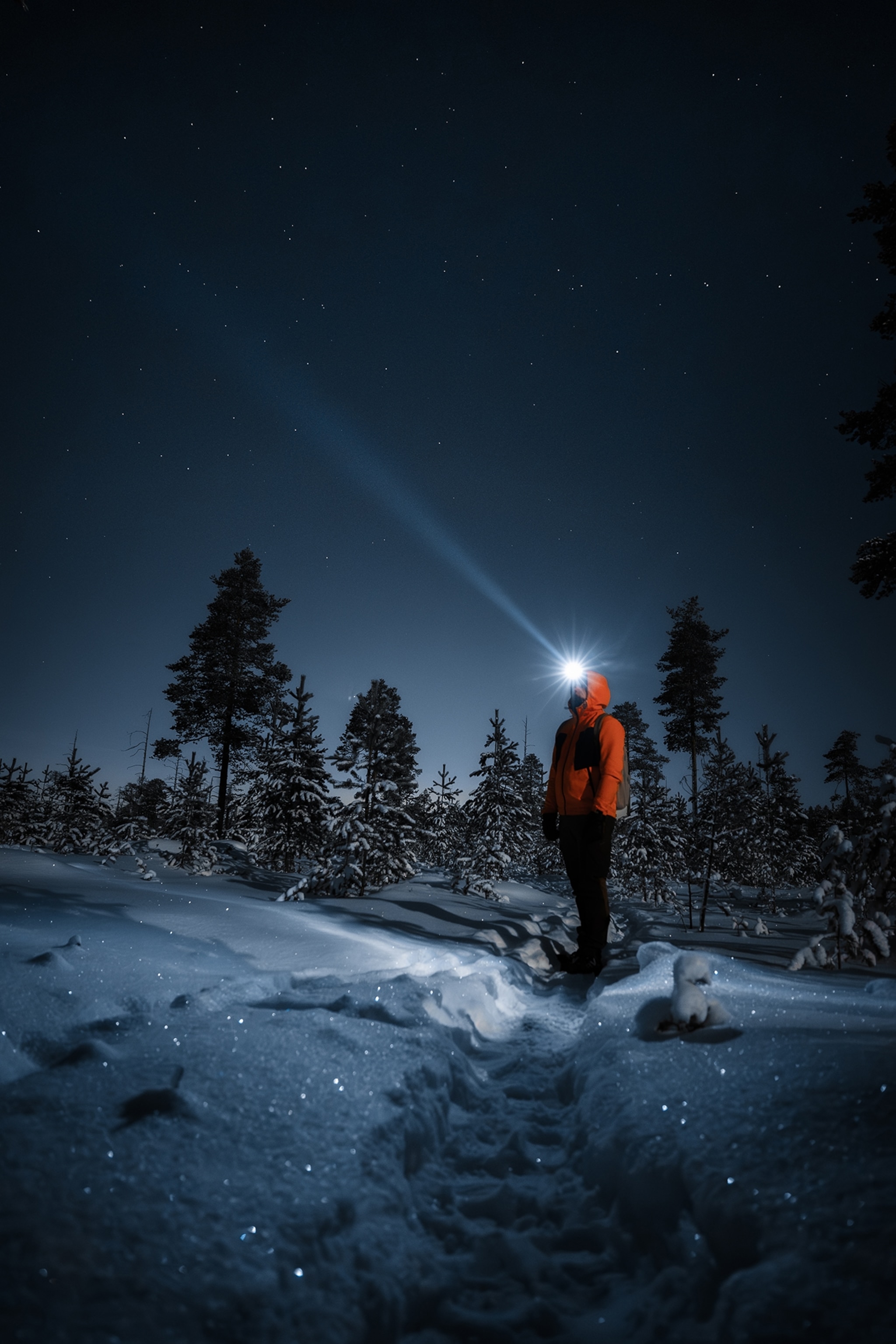 Winter night hike under the stars in Oulu, Finland